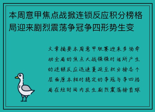 本周意甲焦点战掀连锁反应积分榜格局迎来剧烈震荡争冠争四形势生变 本周意甲焦点战掀连锁反应积分榜格局迎来剧烈震荡争冠争四形势生变
